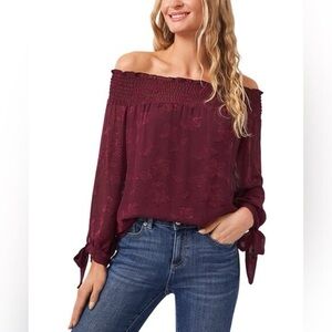 CECE Women's Off The Shoulder Jacquard Blouse in Rich Cabernet, Size Small